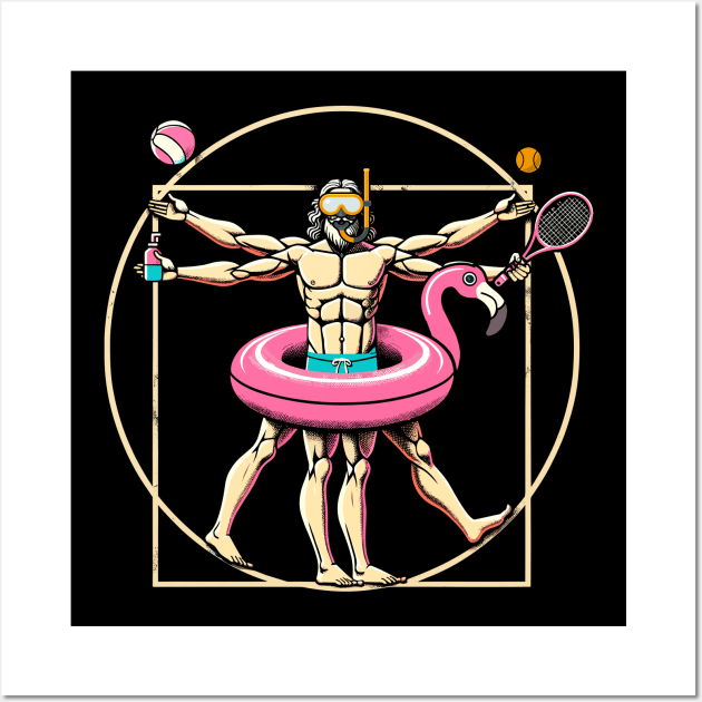 Pool Party Pink Flamingo Vitruvian Man Novelty Funny Summer Wall Art by KsuAnn